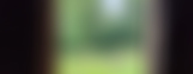 View through a narrow stone window reveals ancient ruins on a lush green field with trees in the background, evoking a serene mood.