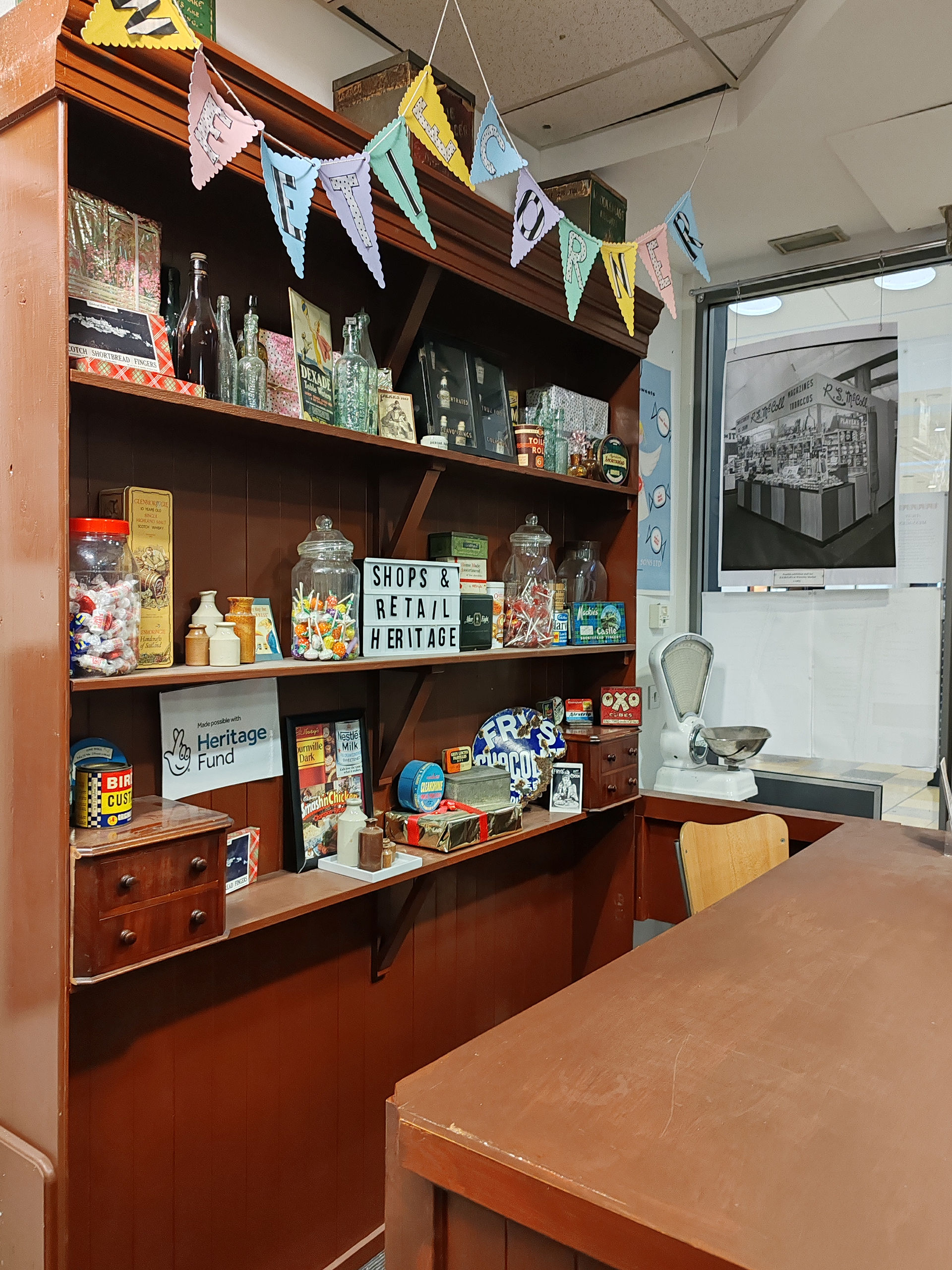 A vintage counter display at the "Away for the Messages" exhibition.