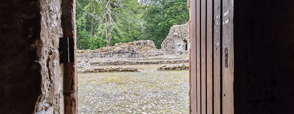 Wooden door slightly open, revealing a cobblestone path and ruins outside. Trees and cloudy sky in the background. Rustic and calm mood.