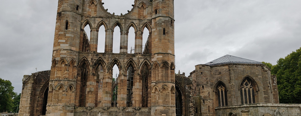 View of the east end and chapter house of the ancient stone ruins of Elgin Cathedral.