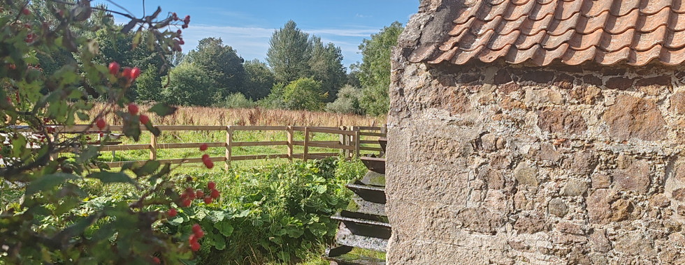 Stone Preston Mill building with red-tiled roof beside a lush garden and wooden fence under a bright, cloud-filled sky. Just next to the building you can barely see a wooden, vertical waterwheel.