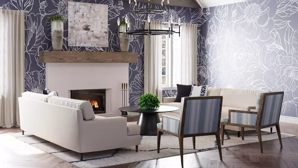 3D render shot. Custom interior design. ACW. Living room w complete design finish after install