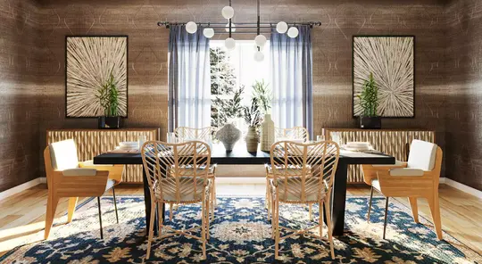 3D render shot. Custom interior design. ACW. dining room w complete design finish after install 2