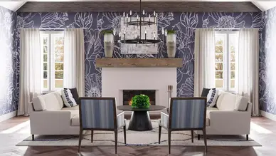 3D render shot. Custom interior design. ACW. Living room w complete design finish after install 2
