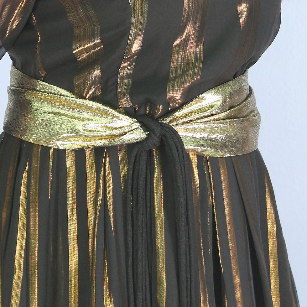 Thumbnail: Indian Black Chiffon Striped Dress With Golden Belt, Free Size