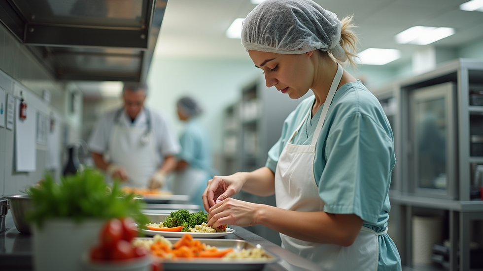 Close-up view of a caregiver preparing a meal in a nursing facility kitchen