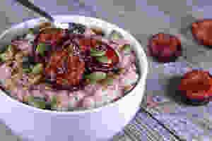 Gluten-free Oats with Roasted Plums and Pumpkin Seeds