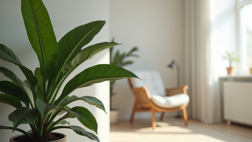 Close-up view of a green indoor plant in a minimalist living room