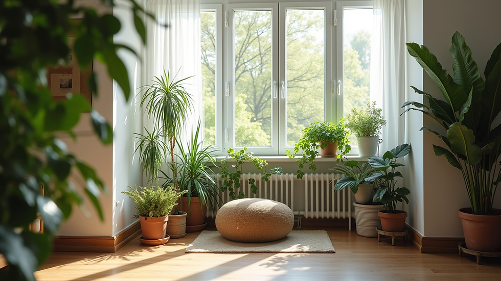 Eye-level view of a living room corner with lush indoor plants near a window
