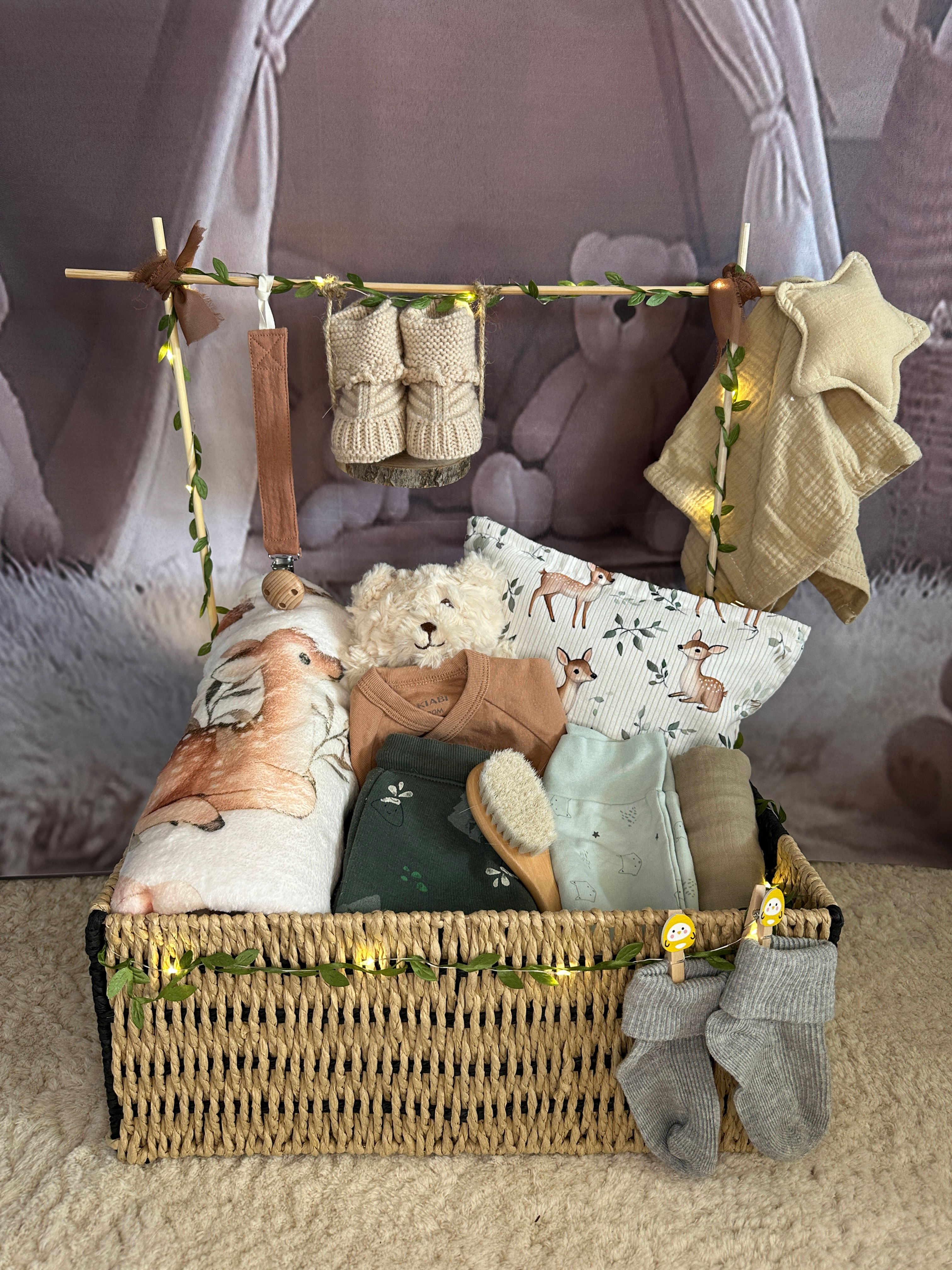Panier de naissance forêt – Coffret Cadeau Bébé