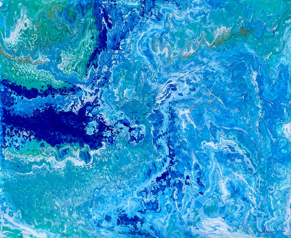 Abstract blue and turquoise swirling pattern artwork painted with liquid acrylic paint.