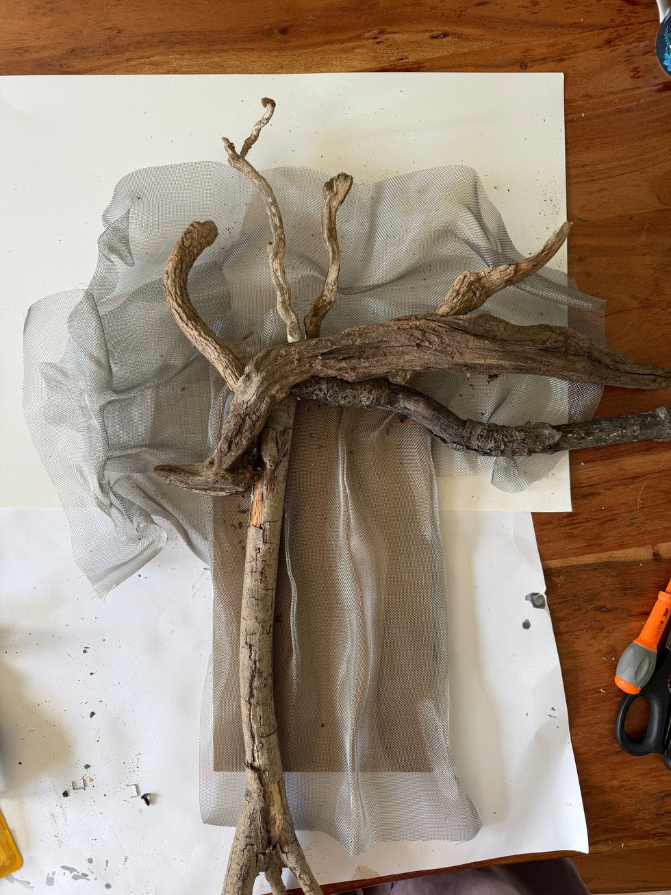Driftwood and wire art piece on table.