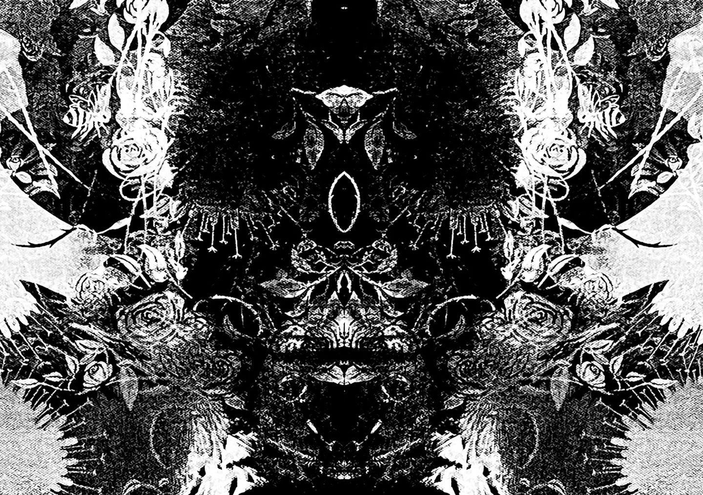 Intricate black and white abstract printmaking pattern.