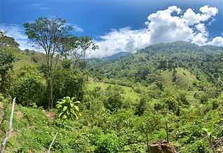 Panoramic mountain view from a property in the Chirripó Valley, with rolling green hills and sun-drenched pastures overlooking San José de Rivas, Costa Rica.