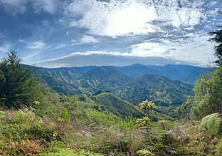 Panoramic mountain view from a property in the Chirripó Valley, with rolling green hills and sun-drenched pastures overlooking San José de Rivas, Costa Rica.