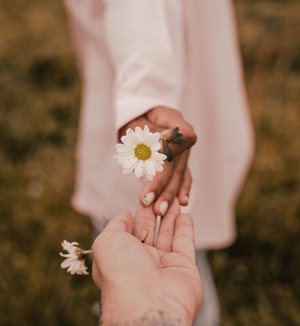 twee handen die bloemen vasthouden, de baklans tussen geven en ontvangen.