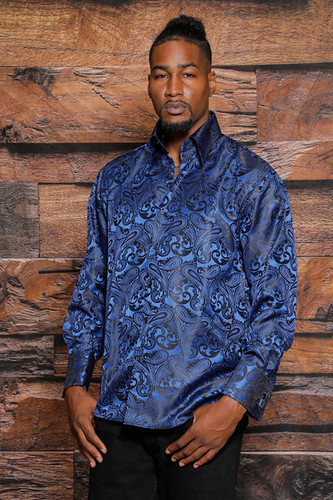 MZT-100 MANZINI Paisley Long Sleeve Satin Shirt w/ Links | Manzini.us