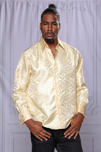 MZT-100 MANZINI Paisley Long Sleeve Satin Shirt w/ Links | Manzini.us