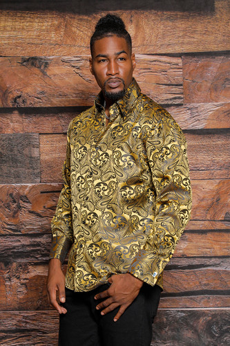MZT-100 MANZINI Paisley Long Sleeve Satin Shirt w/ Links | Manzini.us