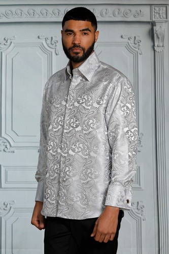 MZT-100 MANZINI Paisley Long Sleeve Satin Shirt w/ Links | Manzini.us