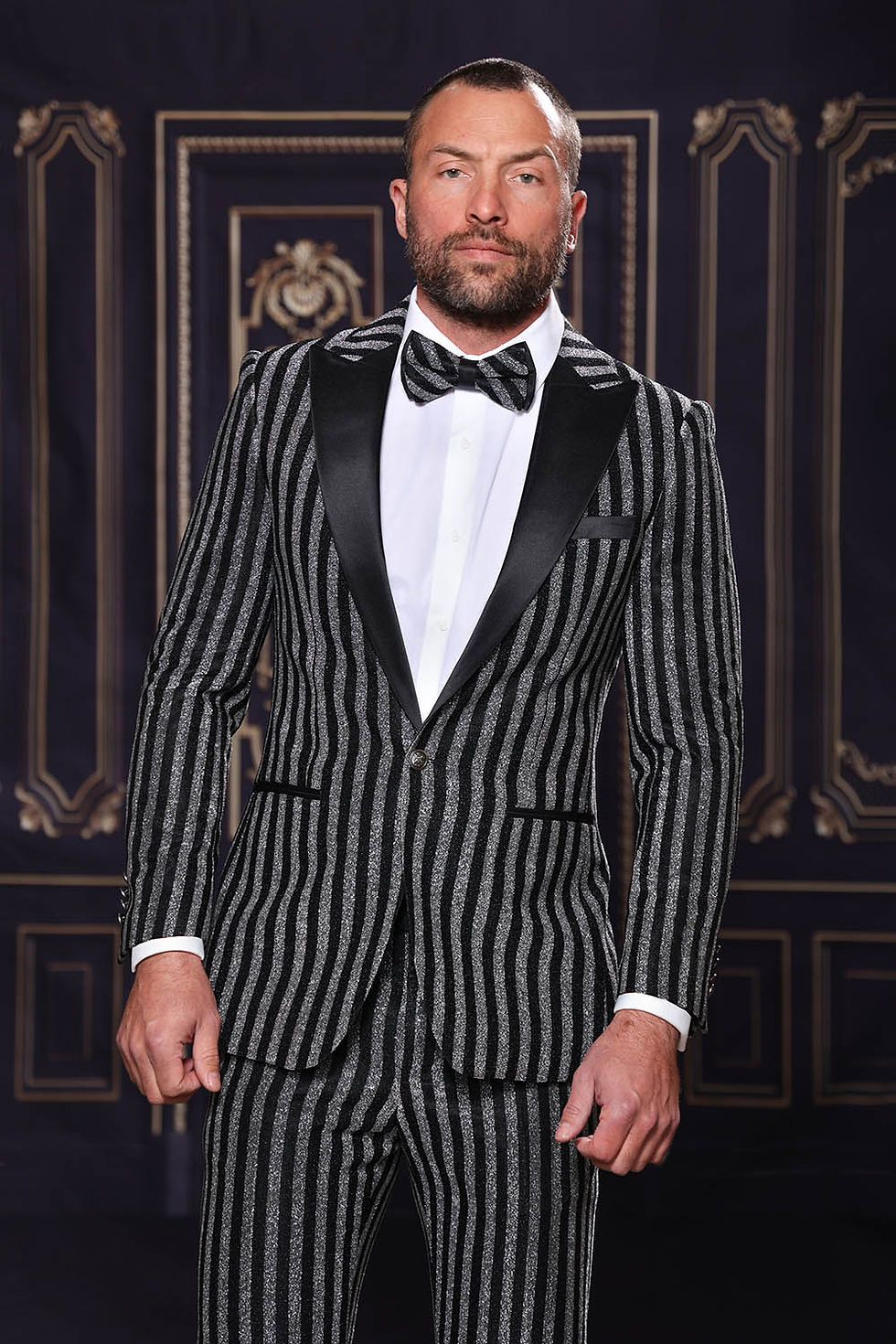 Thumbnail: HEATHER - MANZINI Men's Slim-Fit 2-Piece Glitter Stripe Stage Prom Suit