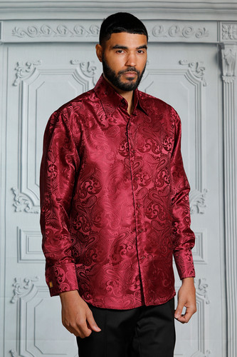 MZT-100 MANZINI Paisley Long Sleeve Satin Shirt w/ Links | Manzini.us