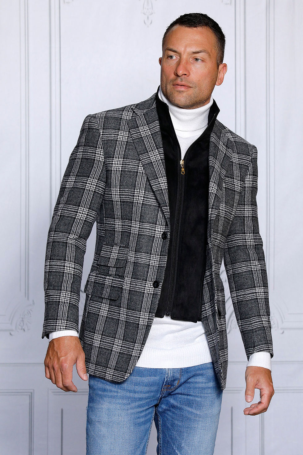 Thumbnail: MZW-536 - MANZINI Men's Tailored-Fit Faux Wool Plaid Blazer Coat Zip-Out Liner
