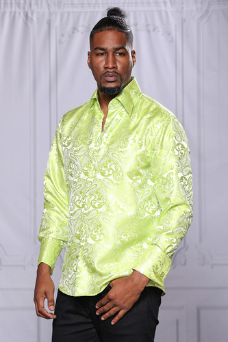 MZT-100 MANZINI Paisley Long Sleeve Satin Shirt w/ Links | Manzini.us