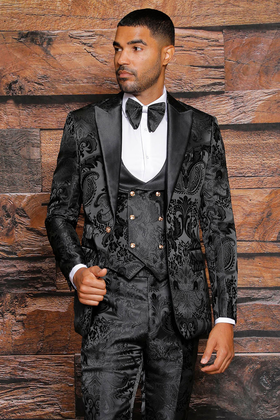 Thumbnail: ARMANI MANZINI 3-Piece Slim-Fit Men's Satin Filigree Pattern Tuxedo Prom Suit