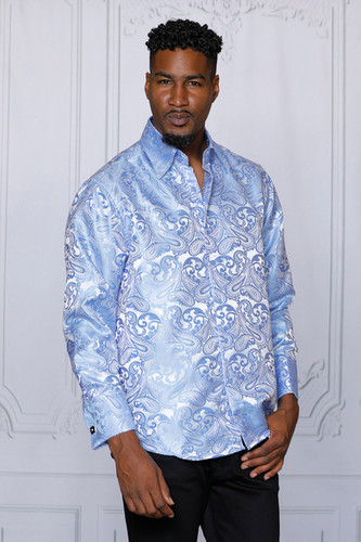 MZT-100 MANZINI Paisley Long Sleeve Satin Shirt w/ Links | Manzini.us