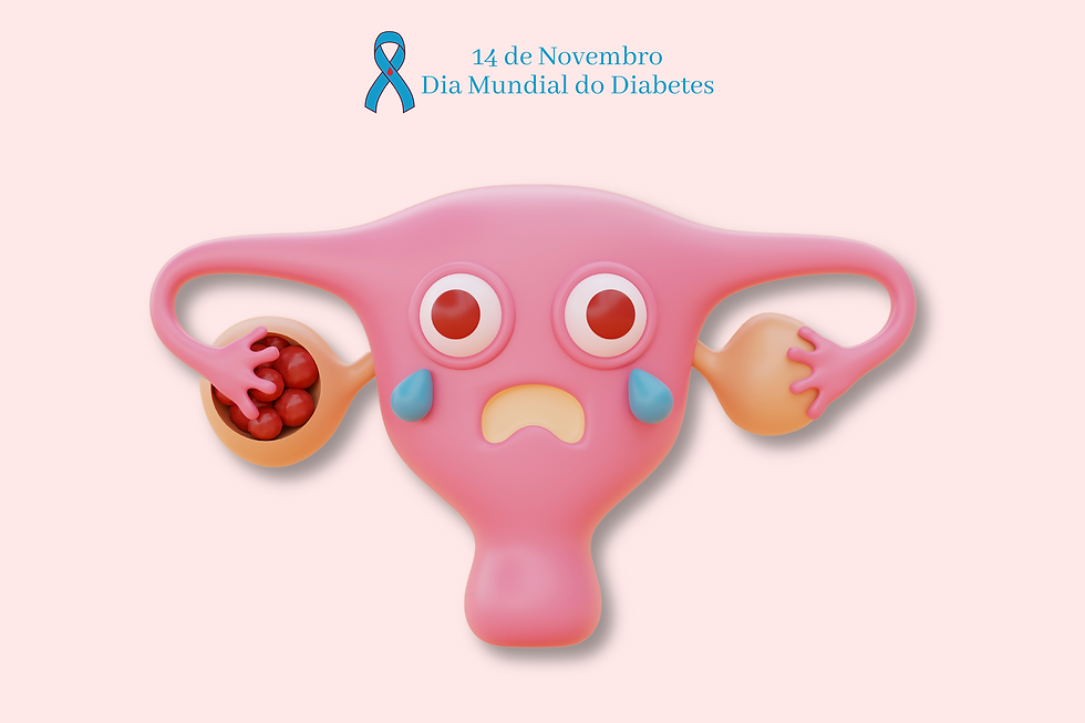 imagem 3d do útero, dando foco nos ovários, mostrando uma série de cistos no ovário. o utero tem um rostinho triste. e em cima está escrito "14 de novembro, dia mundial do diabetes"