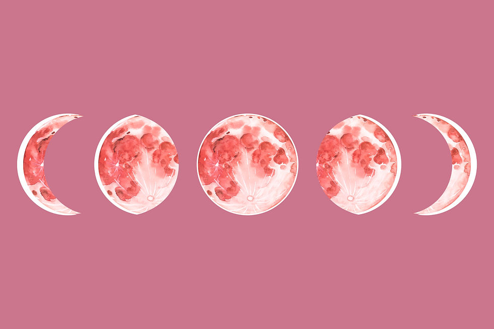 5 fases da lua, começando pela crescente, gibosa crescente, cheia, gibosa minguante e minguante, em fundo rosa