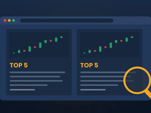 Browser window with two Top 5 article cards and a magnifying glass, illustrating how to read media features about stock market institutes