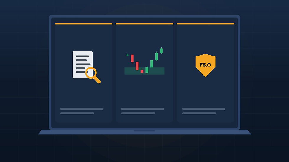 Laptop screen with three course modules: a stock audit document, a demand and supply chart, and an F&O shield, for Mentor Aditya Jain's stock market course