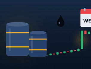 Oil barrels and a candlestick chart with a sharp Wednesday spike next to a calendar page, for learning MCX crude oil trading in India