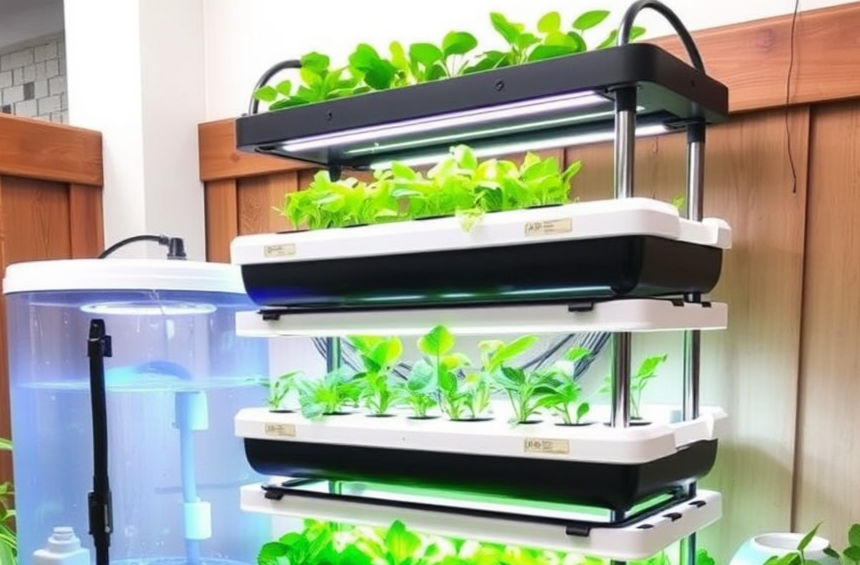 Aeroponic tower components exploded view — pump, tower sections, nozzles, grow cups, tank"