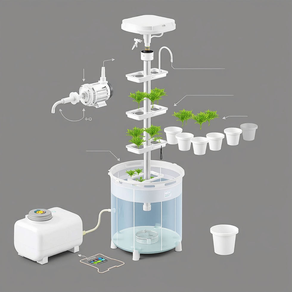 "Aeroponic tower components exploded view — pump, tower sections, nozzles, grow cups, tank"