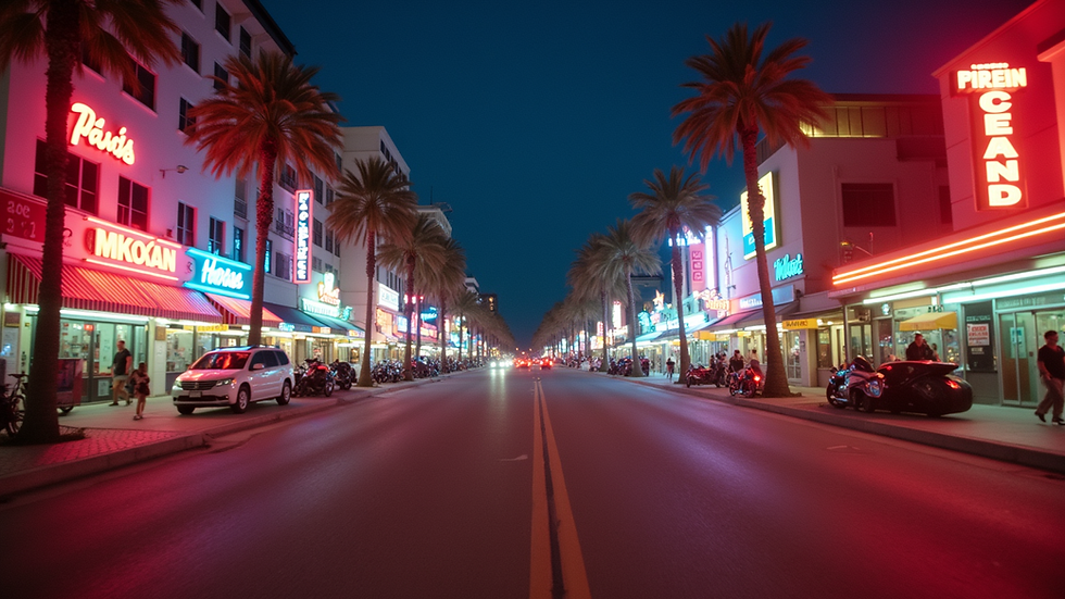 Wide angle view of Ocean Drive with neon lights and busy nightlife