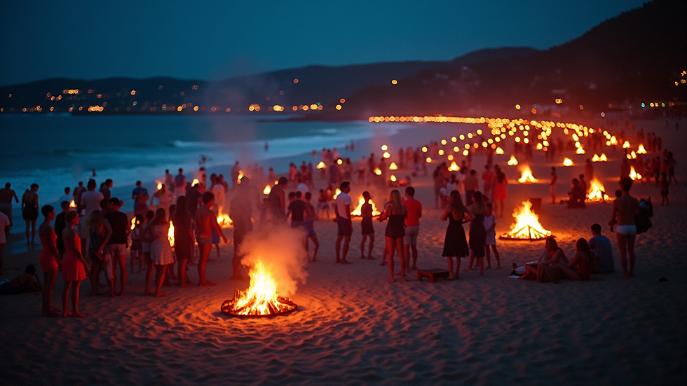 High angle view of beach party with colorful lights and bonfires