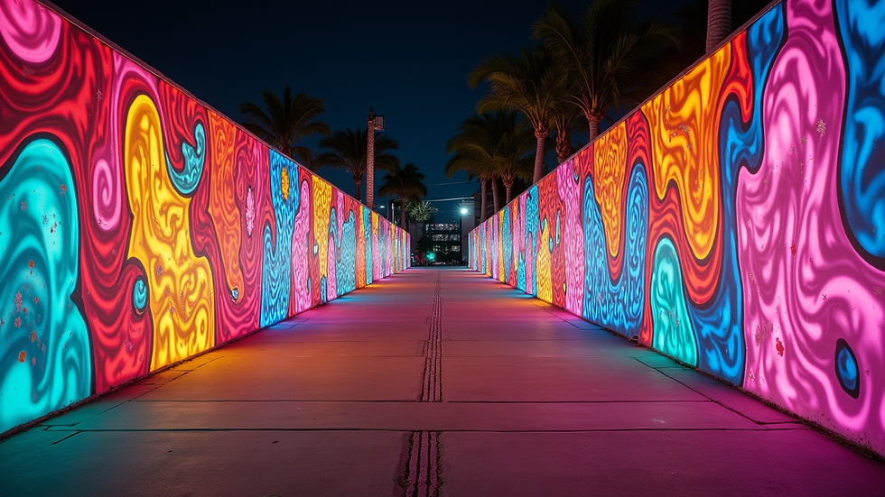 High angle view of colorful Wynwood Walls illuminated at night