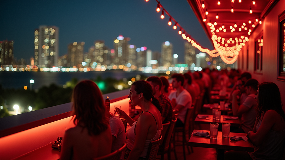 Eye-level view of a crowded Miami rooftop bar with city lights in the background