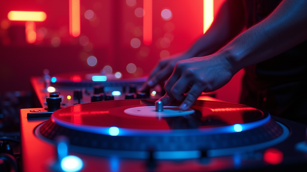 Close-up view of a DJ spinning records at a Miami nightclub