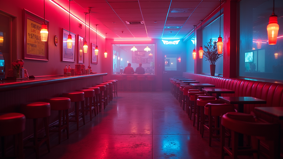 Eye-level view of neon-lit Miami nightclub interior