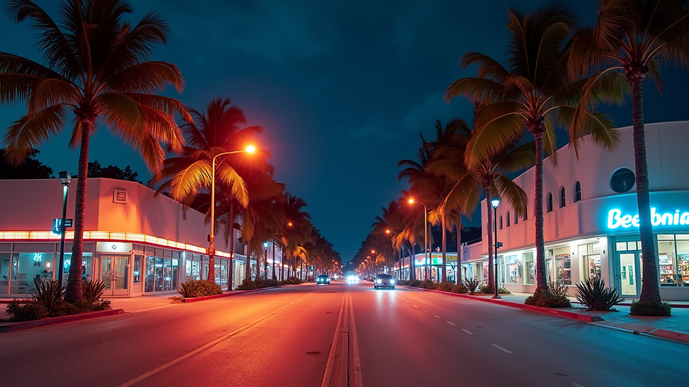 Eye-level view of neon-lit Miami street with palm trees at night