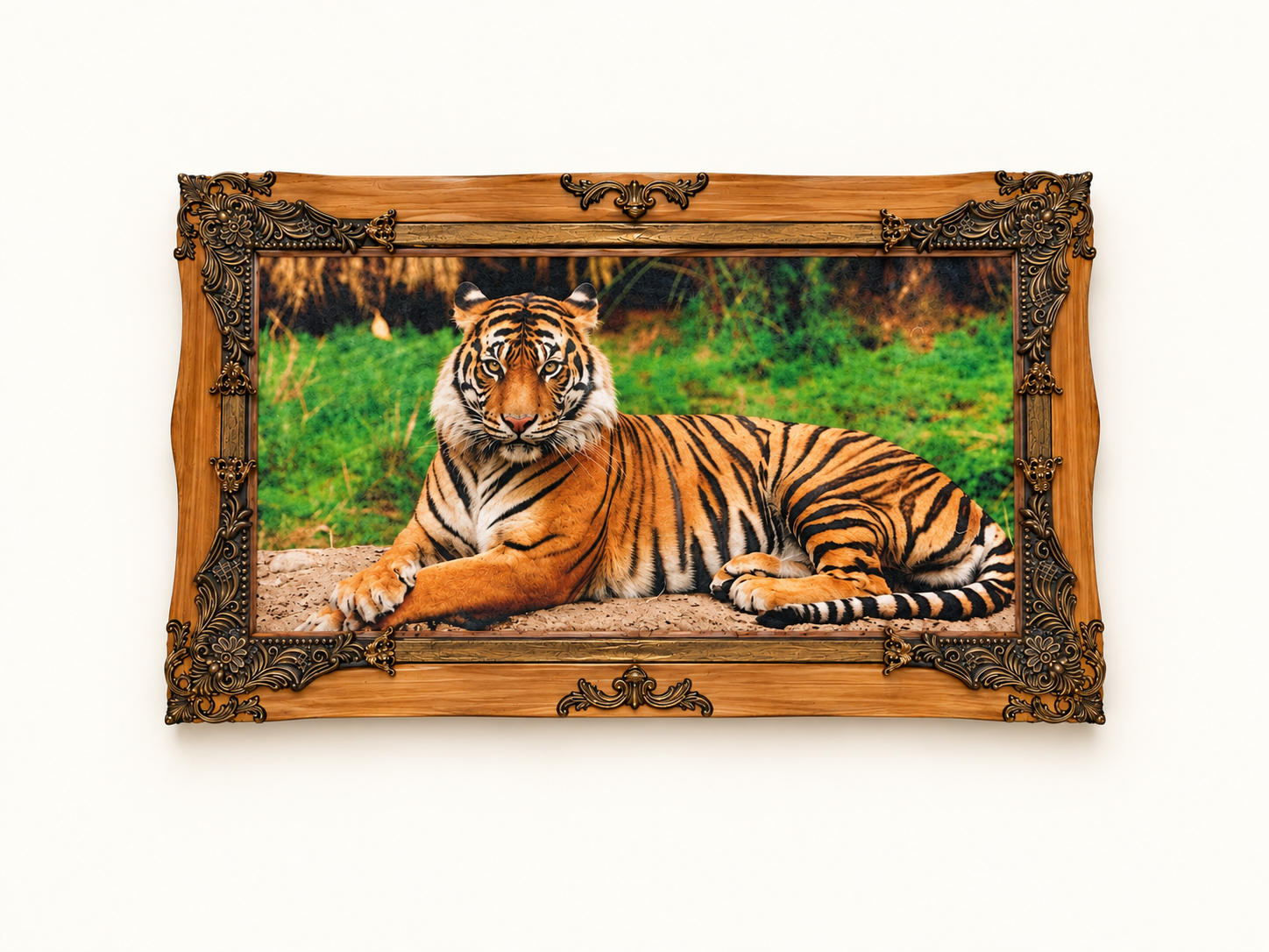 Framed artwork showing a tiger resting peacefully in a natural setting