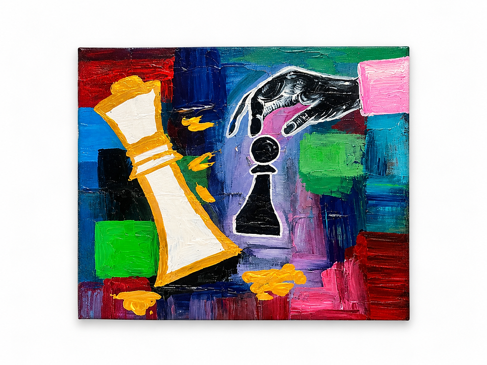 Colorful abstract painting featuring contrasting chess pieces against a vibrant geometric background