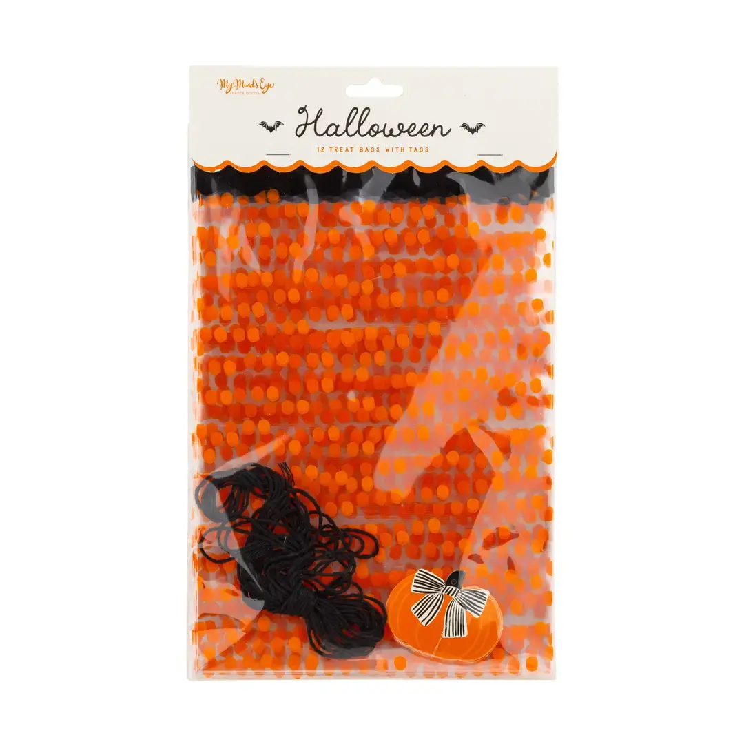 Orange Polka Dot Cello Treat Bags with Pumpkin Tags