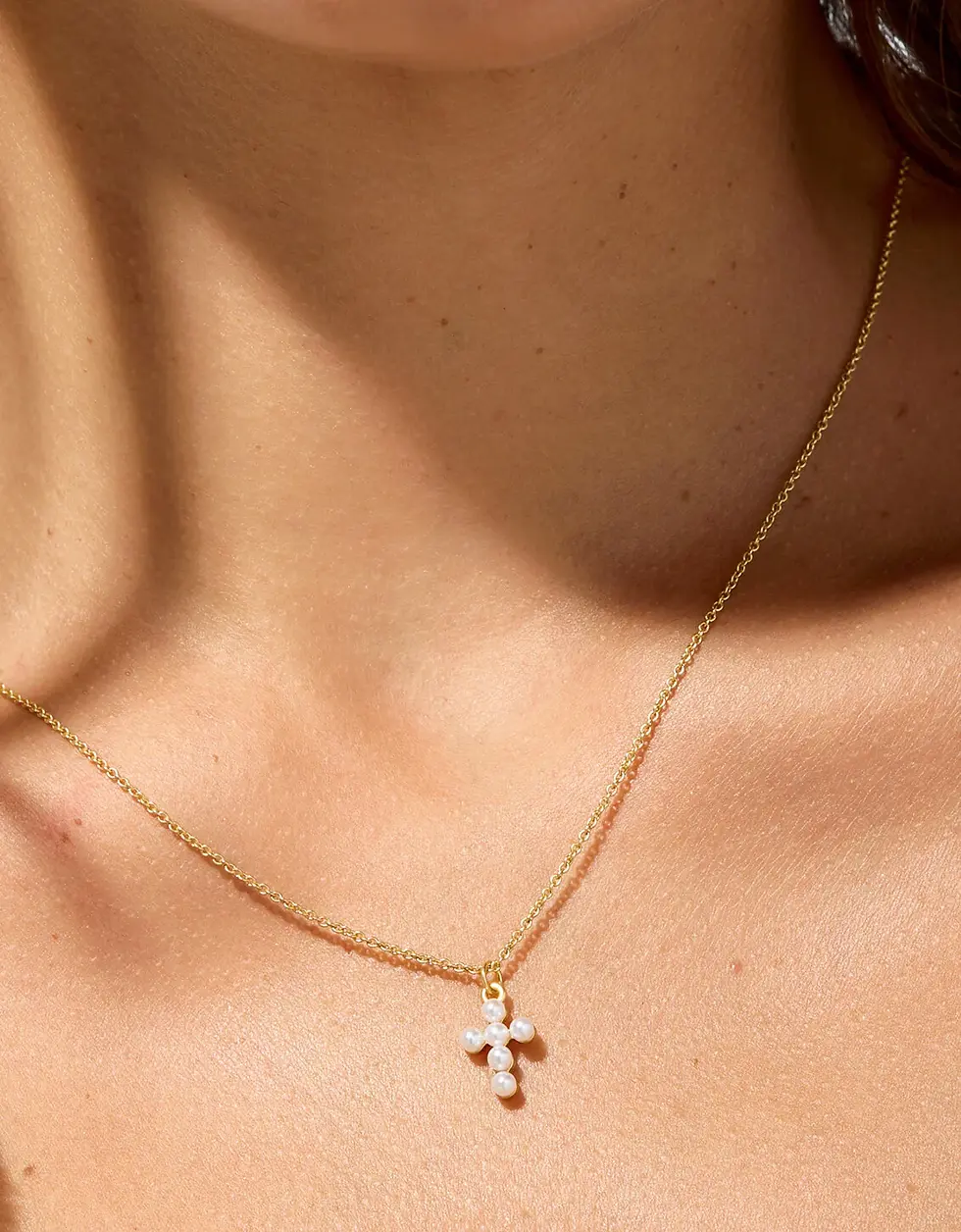 Thumbnail: Faith/Pearl Cross Gold Sea La Vie Necklace
