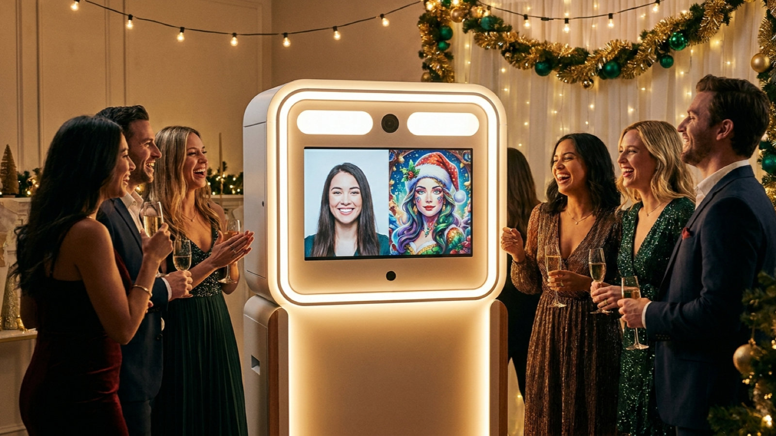 Festive corporate holiday party AI photo booth station with warm lighting
