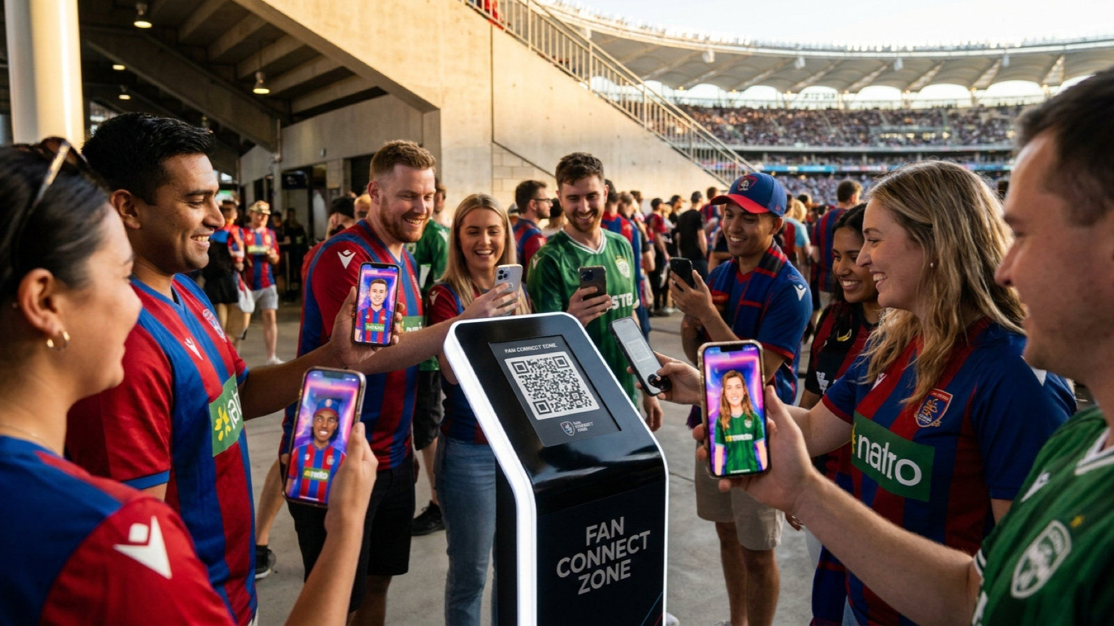 Fans using an AI photo booth for sports events in a stadium fan zone, scanning a QR code before a match
